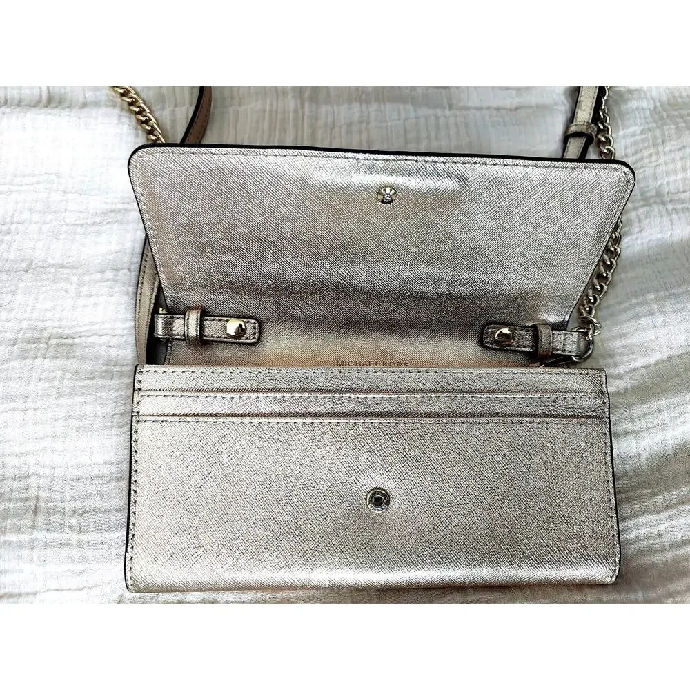 Michael Kors Jet Set Travel Saffiano Metallic Gold Wallet on Chain Crossbody Bag